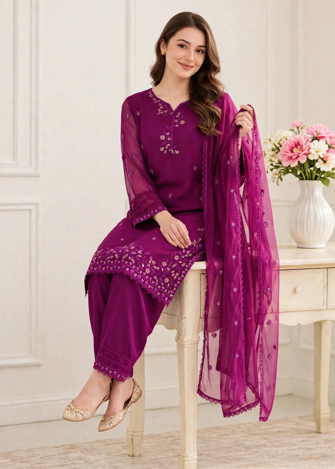 Riwayat by Modest Women RTW Embroidered Chiffon 3 Piece Suit W296 Purple Festive Collection