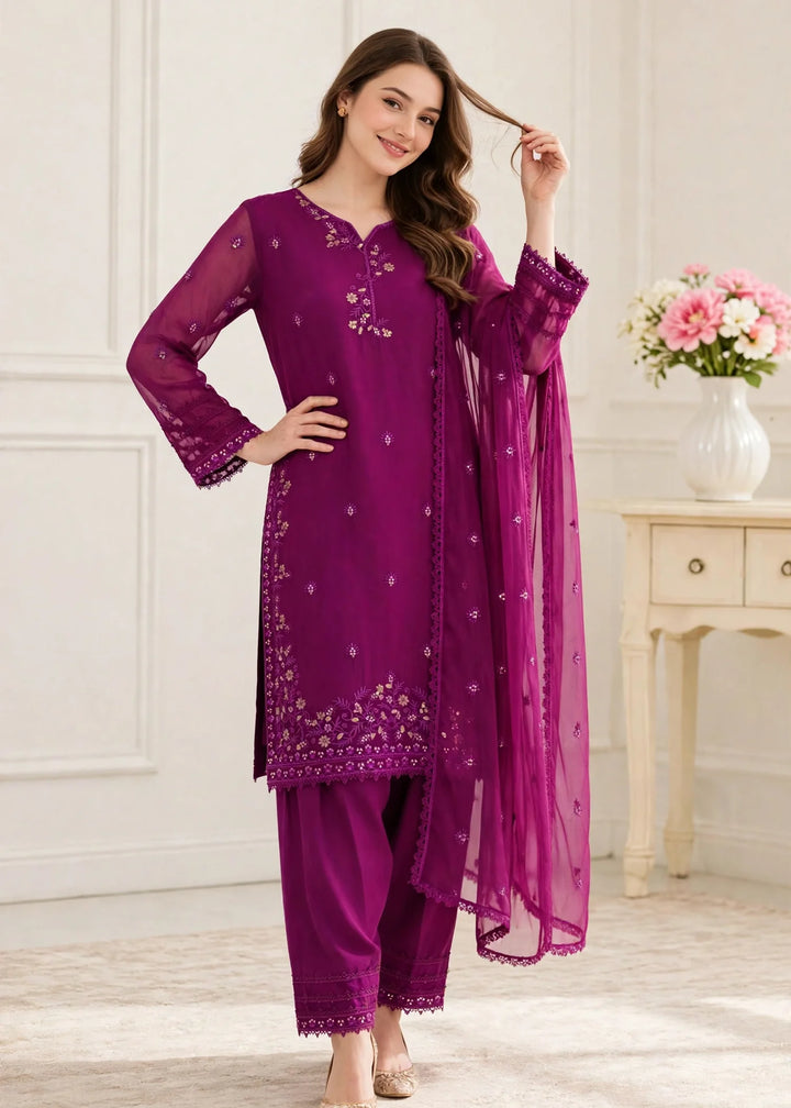 Riwayat by Modest Women RTW Embroidered Chiffon 3 Piece Suit W296 Purple Festive Collection