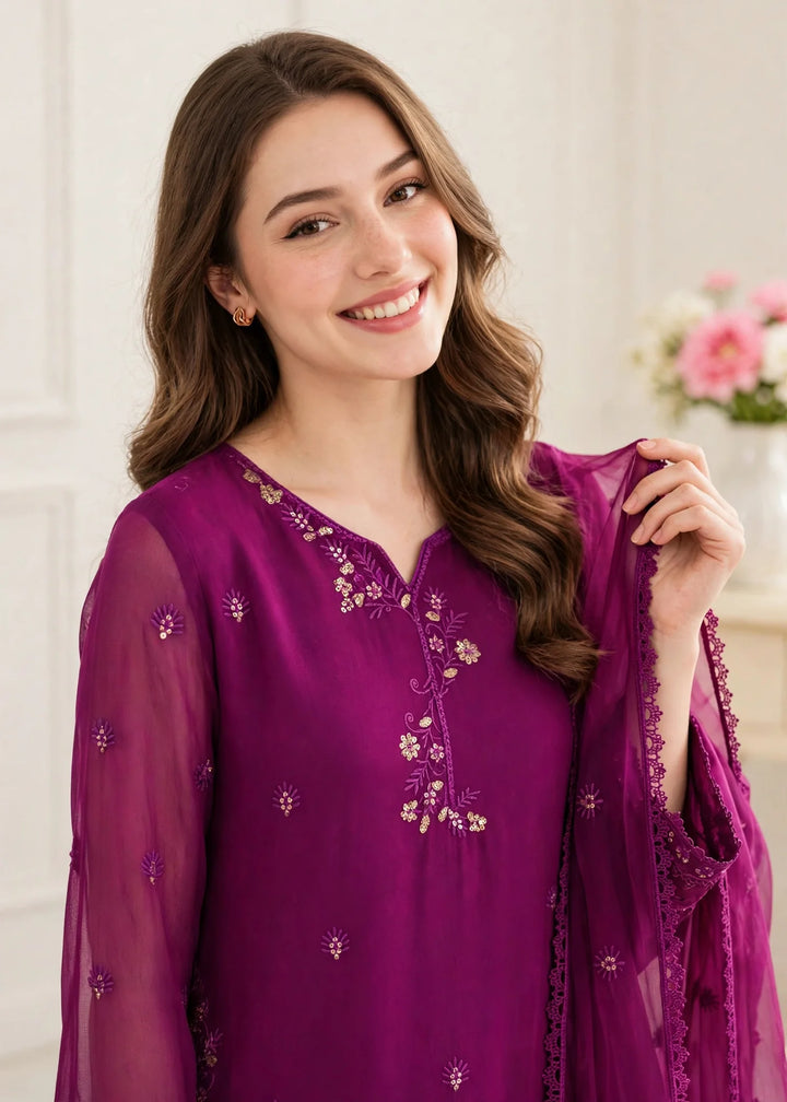 Riwayat by Modest Women RTW Embroidered Chiffon 3 Piece Suit W296 Purple Festive Collection