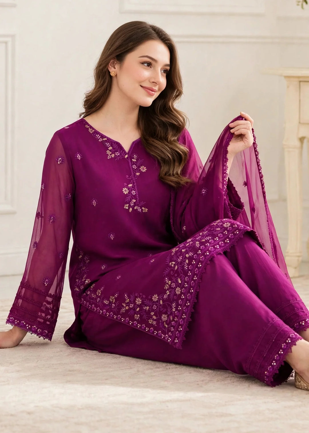 Riwayat by Modest Women RTW Embroidered Chiffon 3 Piece Suit W296 Purple Festive Collection