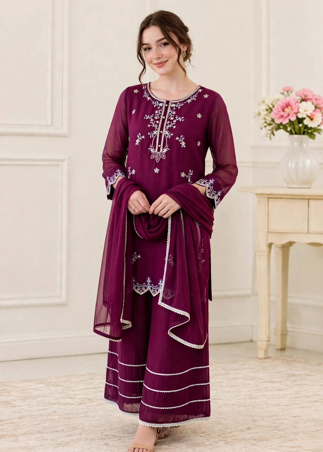 Riwayat by Modest Women RTW Embroidered Chiffon 3 Piece Suit W300 Purple Festive Collection
