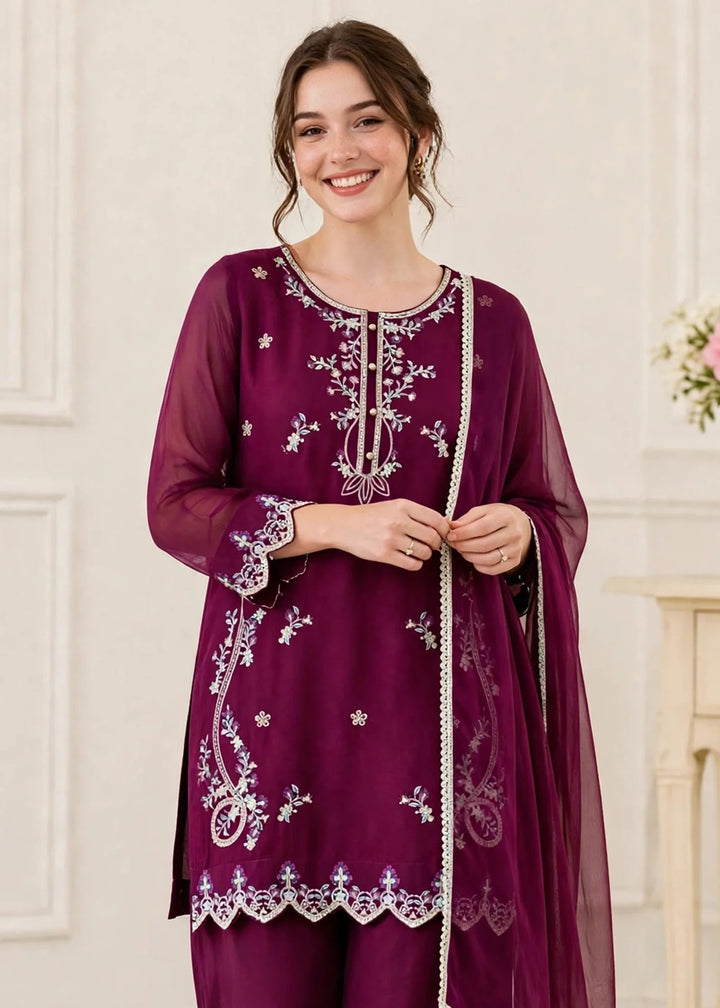 Riwayat by Modest Women RTW Embroidered Chiffon 3 Piece Suit W300 Purple Festive Collection