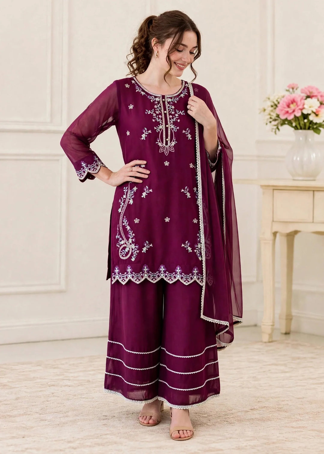 Riwayat by Modest Women RTW Embroidered Chiffon 3 Piece Suit W300 Purple Festive Collection
