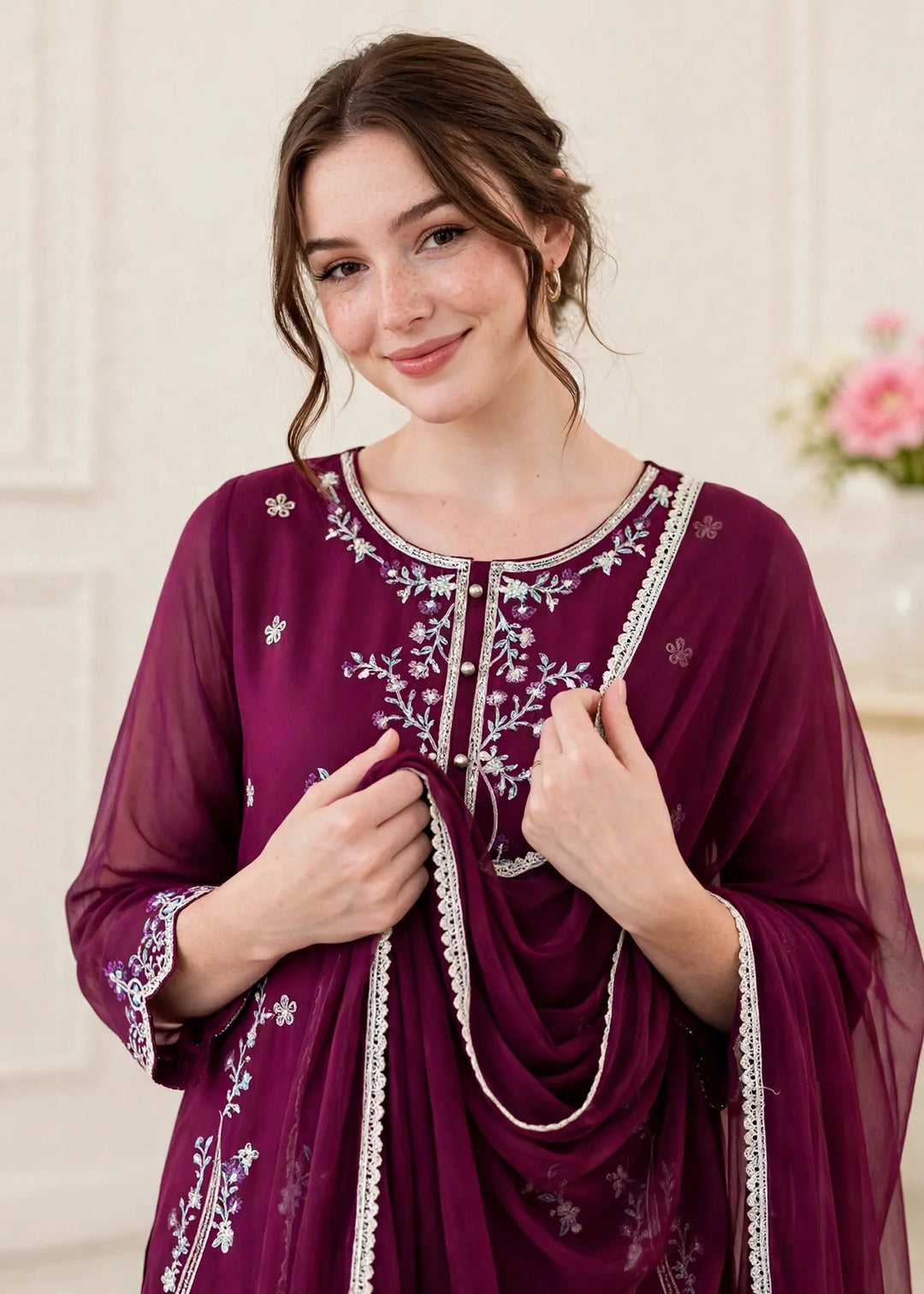 Riwayat by Modest Women RTW Embroidered Chiffon 3 Piece Suit W300 Purple Festive Collection