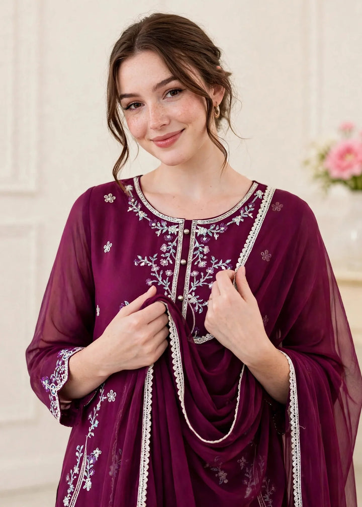 Riwayat by Modest Women RTW Embroidered Chiffon 3 Piece Suit W300 Purple Festive Collection