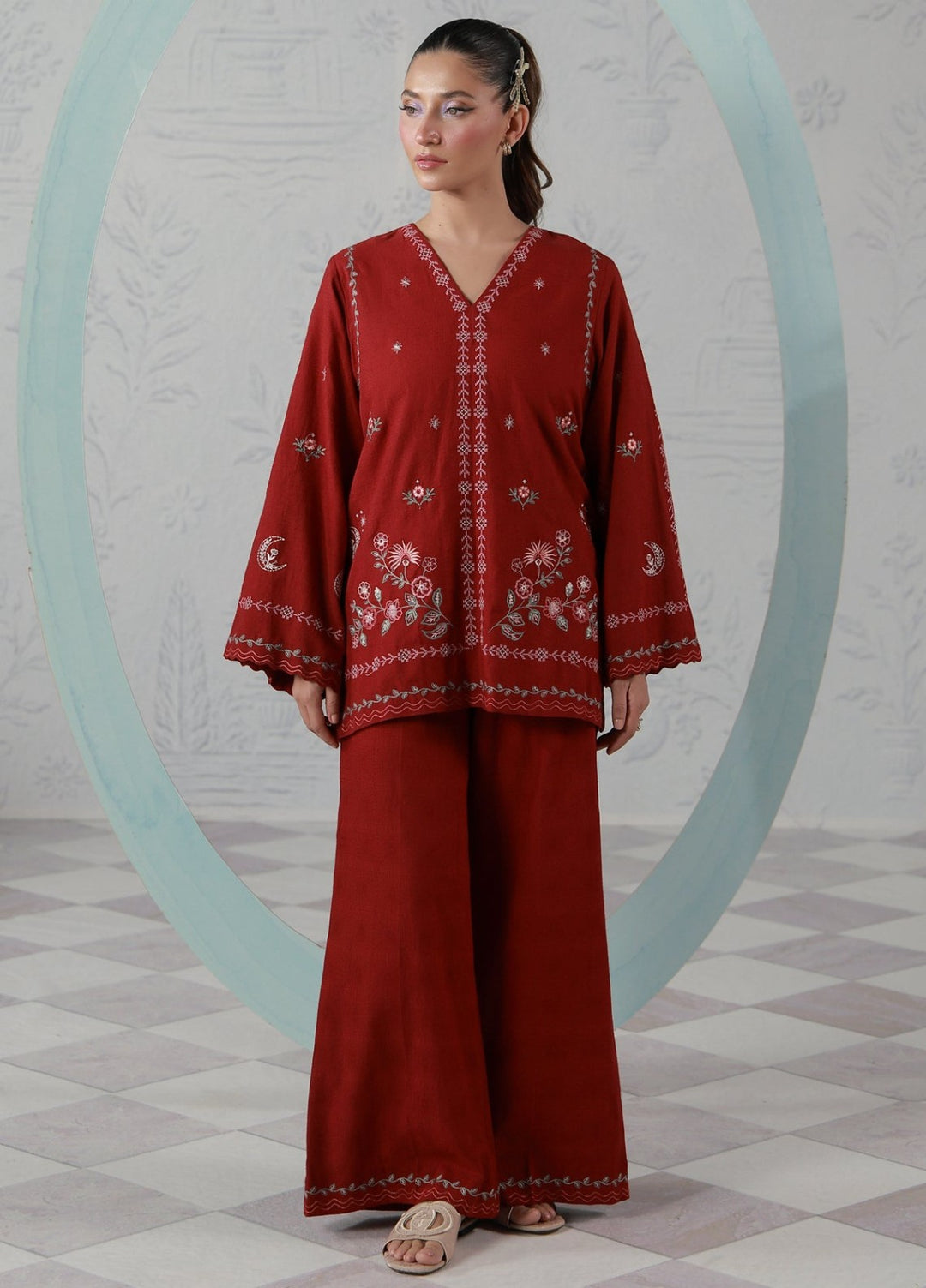 Sahar Women RTW Embroidered Jacquard 2 Piece Suit Crimson Moon Casual Collection