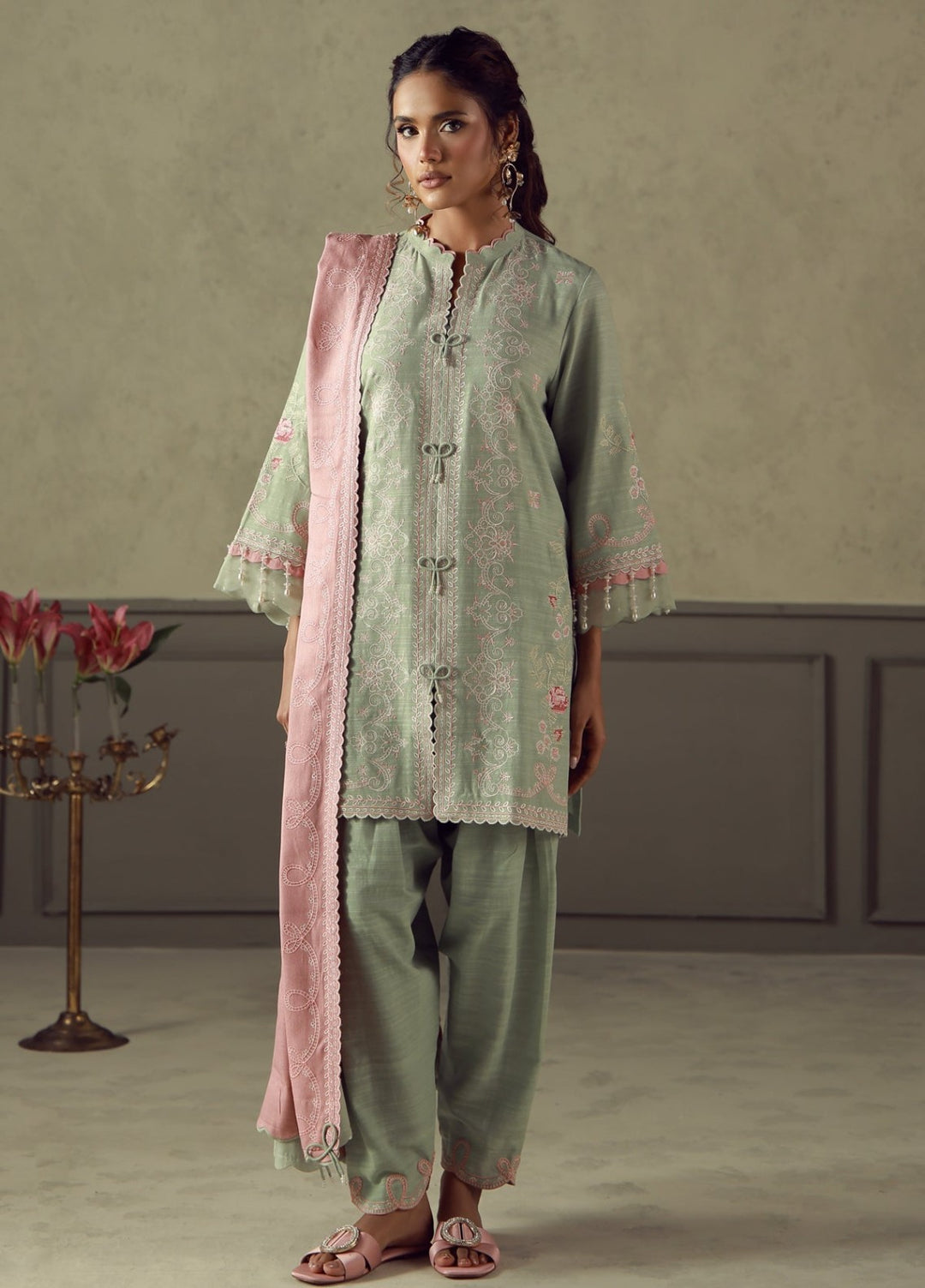 Sahar Unstitched Embroidered Khaddar 3 Piece Suit Sage Winter Collection