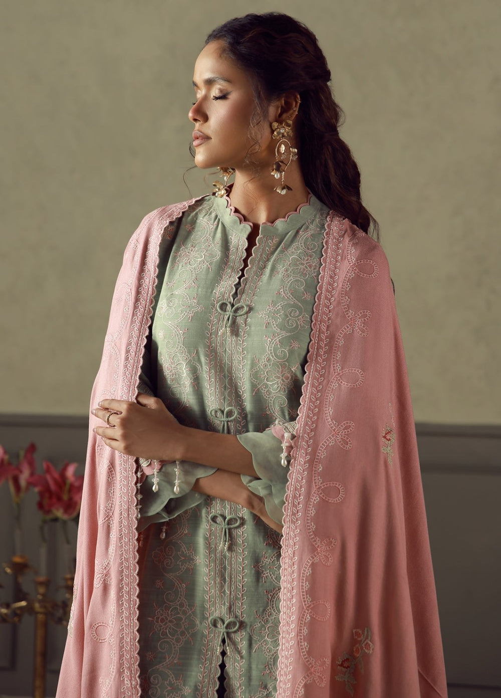 Sahar Unstitched Embroidered Khaddar 3 Piece Suit Sage Winter Collection