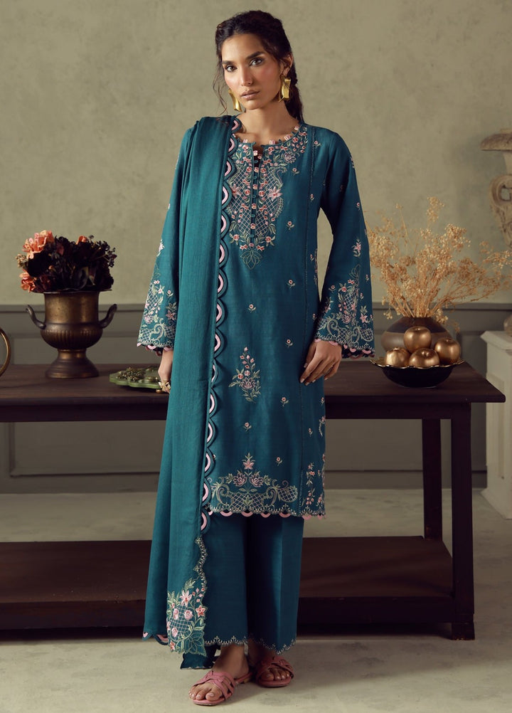 Sahar Unstitched Embroidered Khaddar 3 Piece Suit Teal Flora Winter Collection