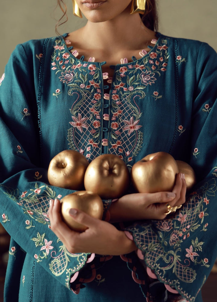Sahar Unstitched Embroidered Khaddar 3 Piece Suit Teal Flora Winter Collection