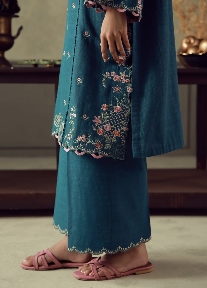 Sahar Unstitched Embroidered Khaddar 3 Piece Suit Teal Flora Winter Collection
