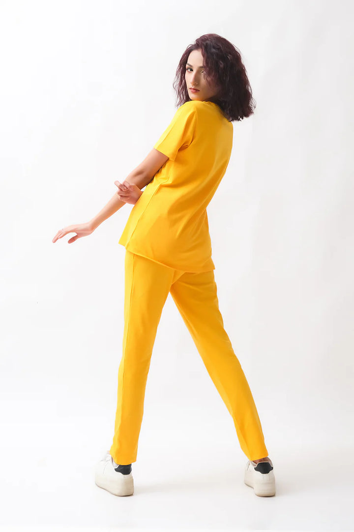 Dhaga Women Western Solids 2 Piece jersy Yellow Co Ords Half Sleeves DHSSSCO5 - Summer Collection