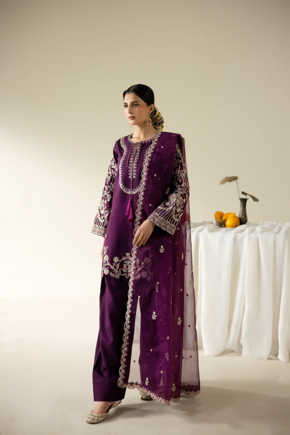 Lune Des Fleurs by Enzo RTW Embroidered Korean Silk 3 Piece Suit ARELA Festive Collection