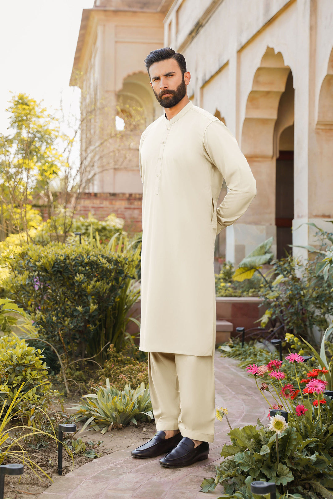 Misaal by Divinely Crafted Solids Shalwar Kameez For Men Creamy White Blended SK350-0325-CW - Summer Collection