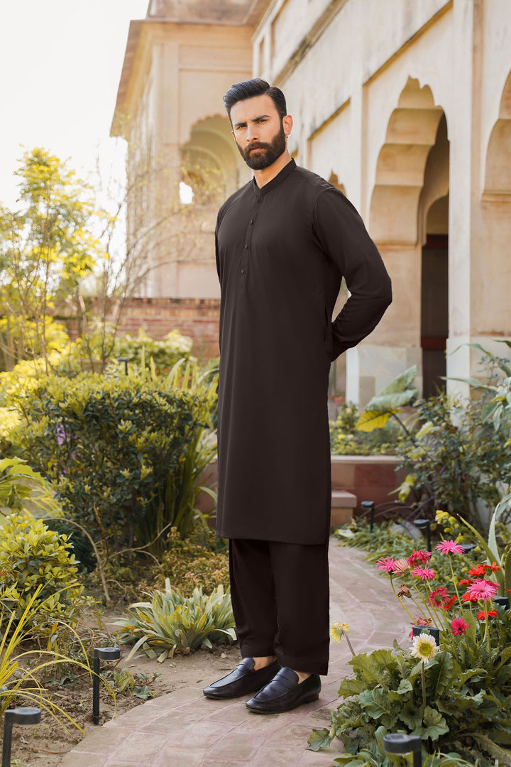 Divinely Crafted Men Ready To Wear Solids Cotton Shalwar Kameez Valvet Brown - Summer Collection