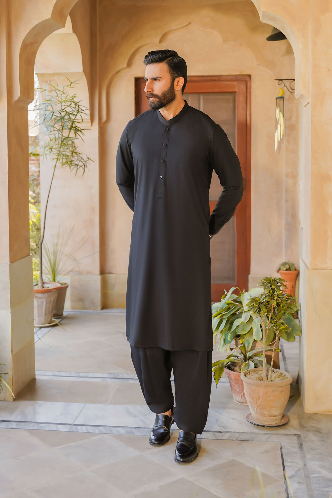 Misaal by Divinely Crafted Solids Shalwar Kameez For Men Jet Black Blended SK490-0325-JB - Summer Collection