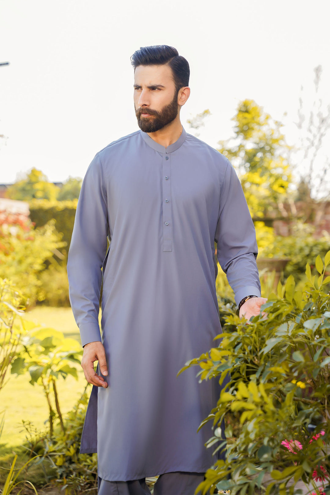 Divinely Crafted Men Ready To Wear Solids Cotton Shalwar Kameez Steel Grey - Summer Collection