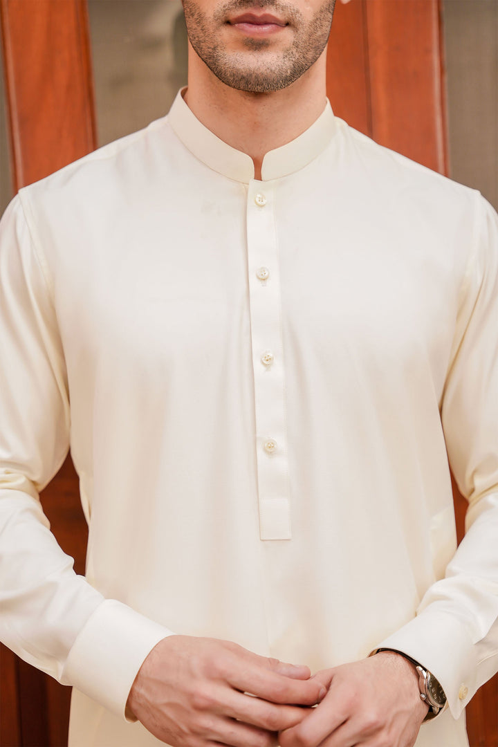 Divinely Crafted Men Ready To Wear Solids Cotton Shalwar Kameez Eggshell White Boski - Summer Collection