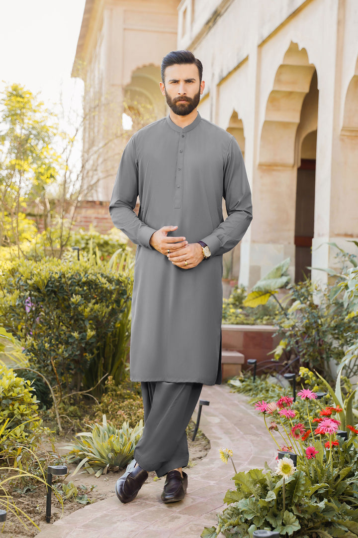 Divinely Crafted Men Ready To Wear Solids Cotton Shalwar Kameez Urban Grey - Summer Collection
