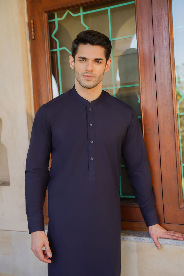 Misaal by Divinely Crafted Solids Shalwar Kameez For Men Regal Blue Blended SK490-0325-RB - Summer Collection