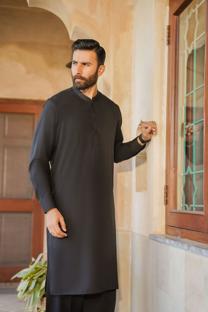 Misaal by Divinely Crafted Solids Shalwar Kameez For Men Jet Black Blended SK490-0325-JB - Summer Collection