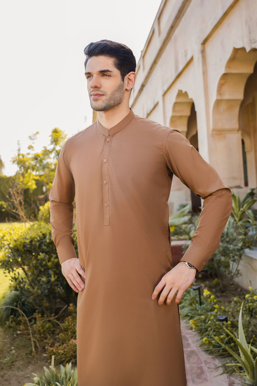Misaal by Divinely Crafted Solids Shalwar Kameez For Men Coffee Brown Blended SK450-0325-CB - Summer Collection