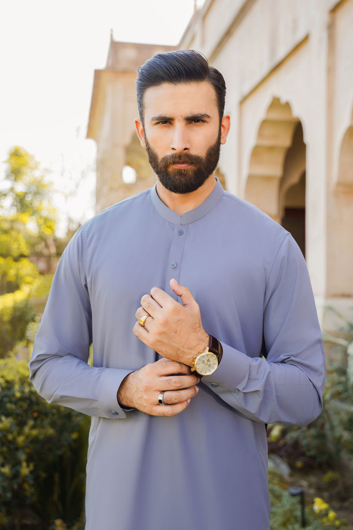 Divinely Crafted Men Ready To Wear Solids Cotton Shalwar Kameez Steel Grey - Summer Collection