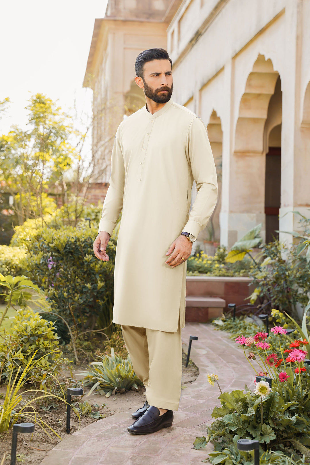 Misaal by Divinely Crafted Solids Shalwar Kameez For Men Creamy White Blended SK350-0325-CW - Summer Collection