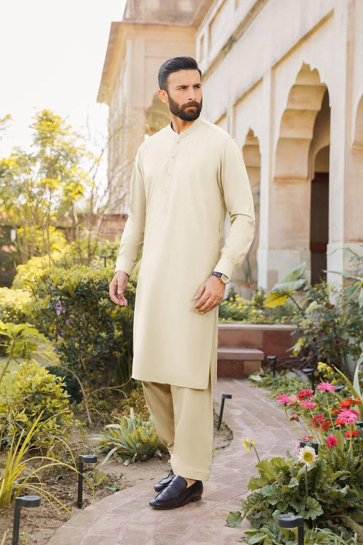 Misaal by Divinely Crafted Solids Shalwar Kameez For Men Creamy White Blended SK350-0325-CW - Summer Collection