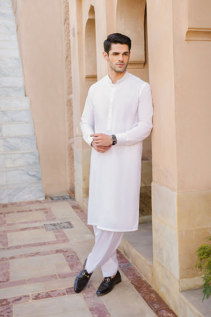 Misaal by Divinely Crafted Solids Shalwar Kameez For Men Vanilla White Blended SK425-0325-VW - Summer Collection