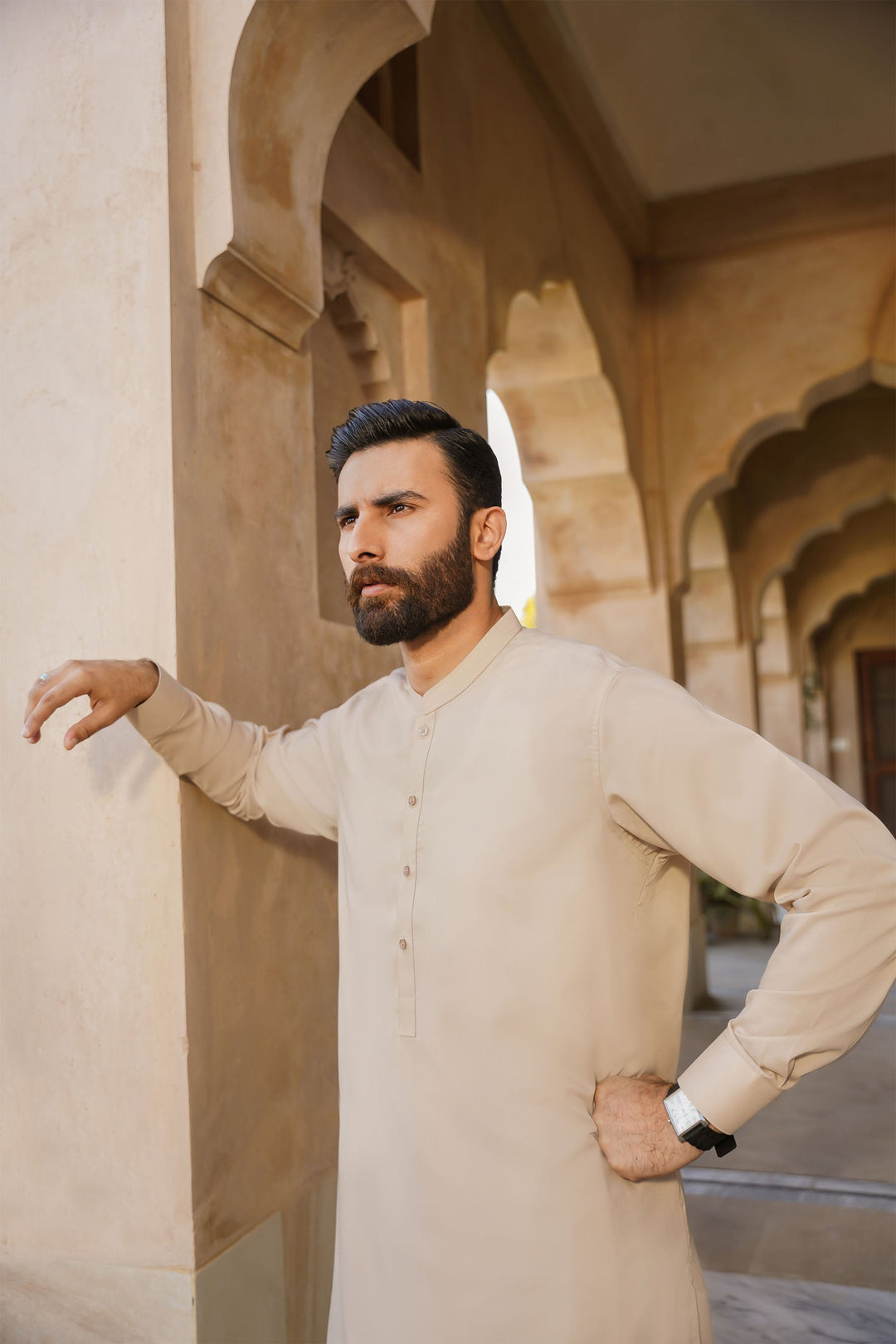 Misaal by Divinely Crafted Solids Shalwar Kameez For Men Taupe Brown Blended SK475-0325-TB - Summer Collection