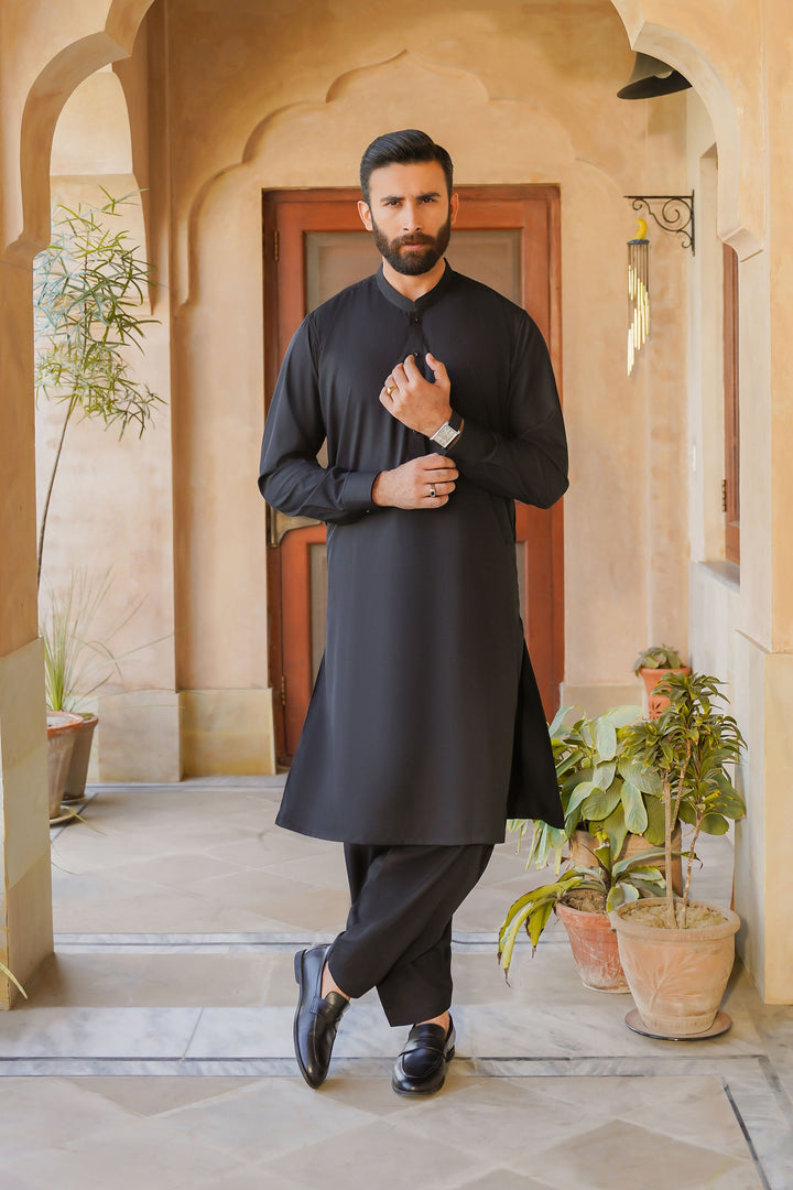Misaal by Divinely Crafted Solids Shalwar Kameez For Men Jet Black Blended SK490-0325-JB - Summer Collection