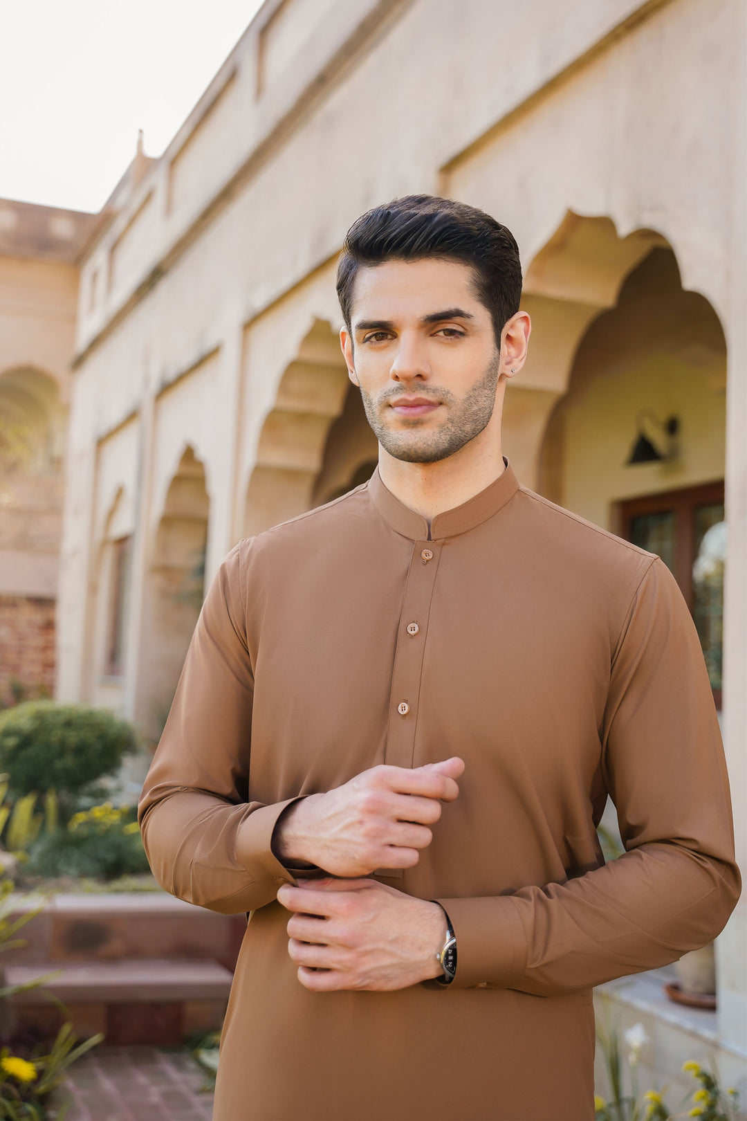 Misaal by Divinely Crafted Solids Shalwar Kameez For Men Coffee Brown Blended SK450-0325-CB - Summer Collection