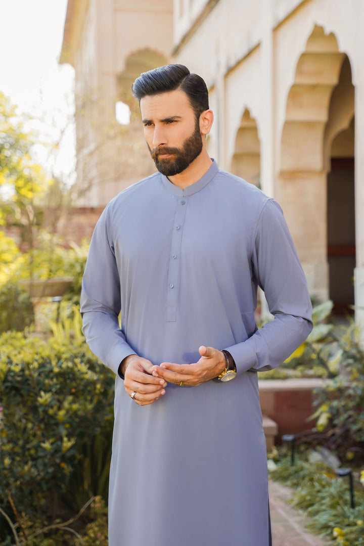 Divinely Crafted Men Ready To Wear Solids Cotton Shalwar Kameez Steel Grey - Summer Collection