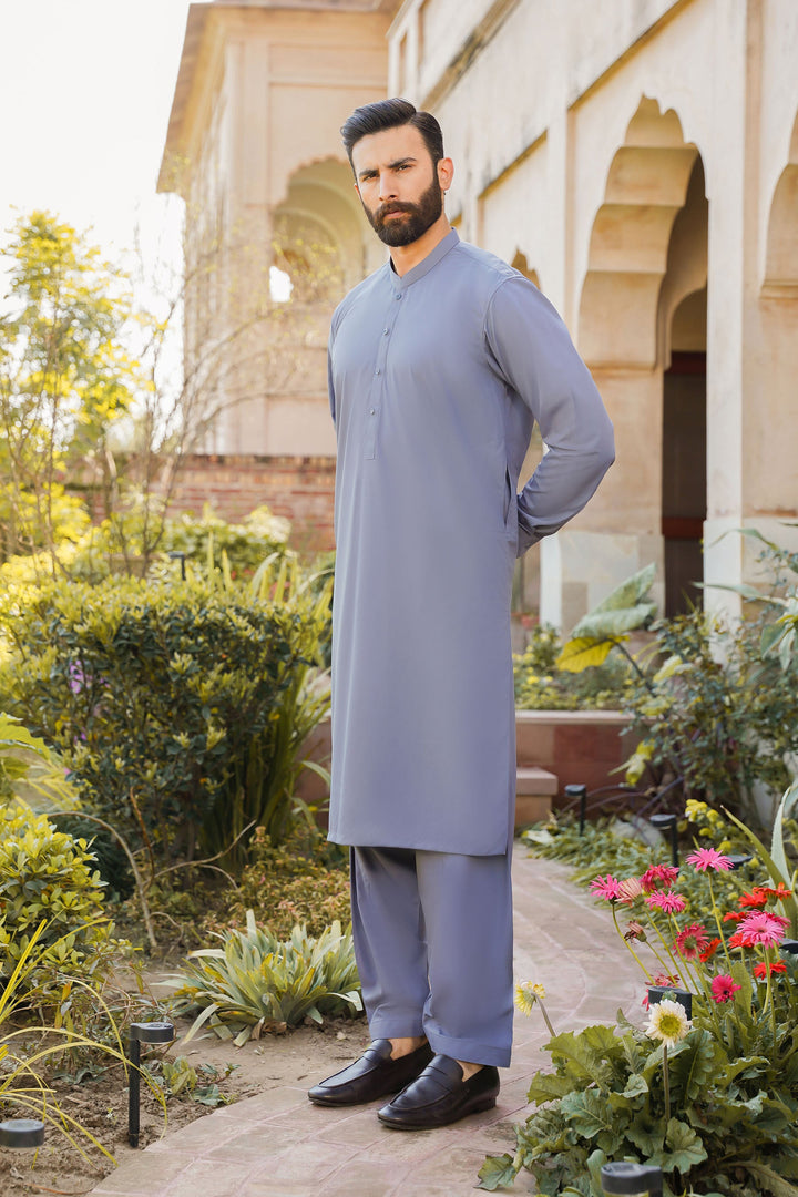 Divinely Crafted Men Ready To Wear Solids Cotton Shalwar Kameez Steel Grey - Summer Collection