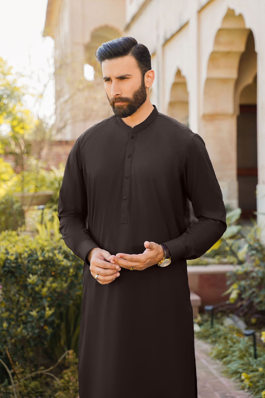 Divinely Crafted Men Ready To Wear Solids Cotton Shalwar Kameez Valvet Brown - Summer Collection