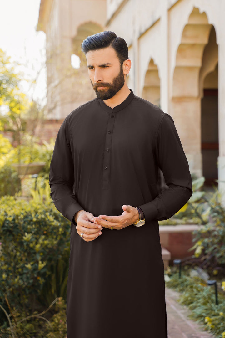 Divinely Crafted Men Ready To Wear Solids Cotton Shalwar Kameez Valvet Brown - Summer Collection