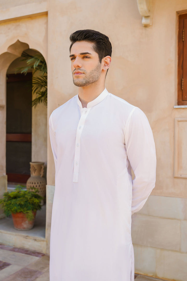 Misaal by Divinely Crafted Solids Shalwar Kameez For Men Vanilla White Blended SK425-0325-VW - Summer Collection