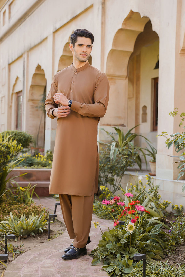 Misaal by Divinely Crafted Solids Shalwar Kameez For Men Coffee Brown Blended SK450-0325-CB - Summer Collection