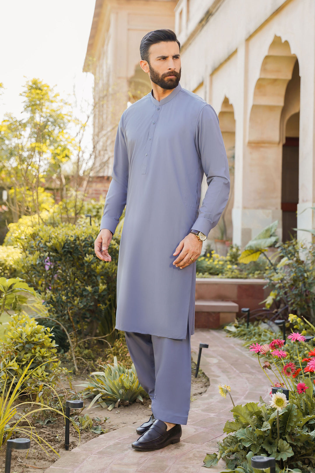 Divinely Crafted Men Ready To Wear Solids Cotton Shalwar Kameez Steel Grey - Summer Collection