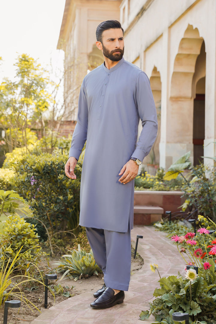 Divinely Crafted Men Ready To Wear Solids Cotton Shalwar Kameez Steel Grey - Summer Collection