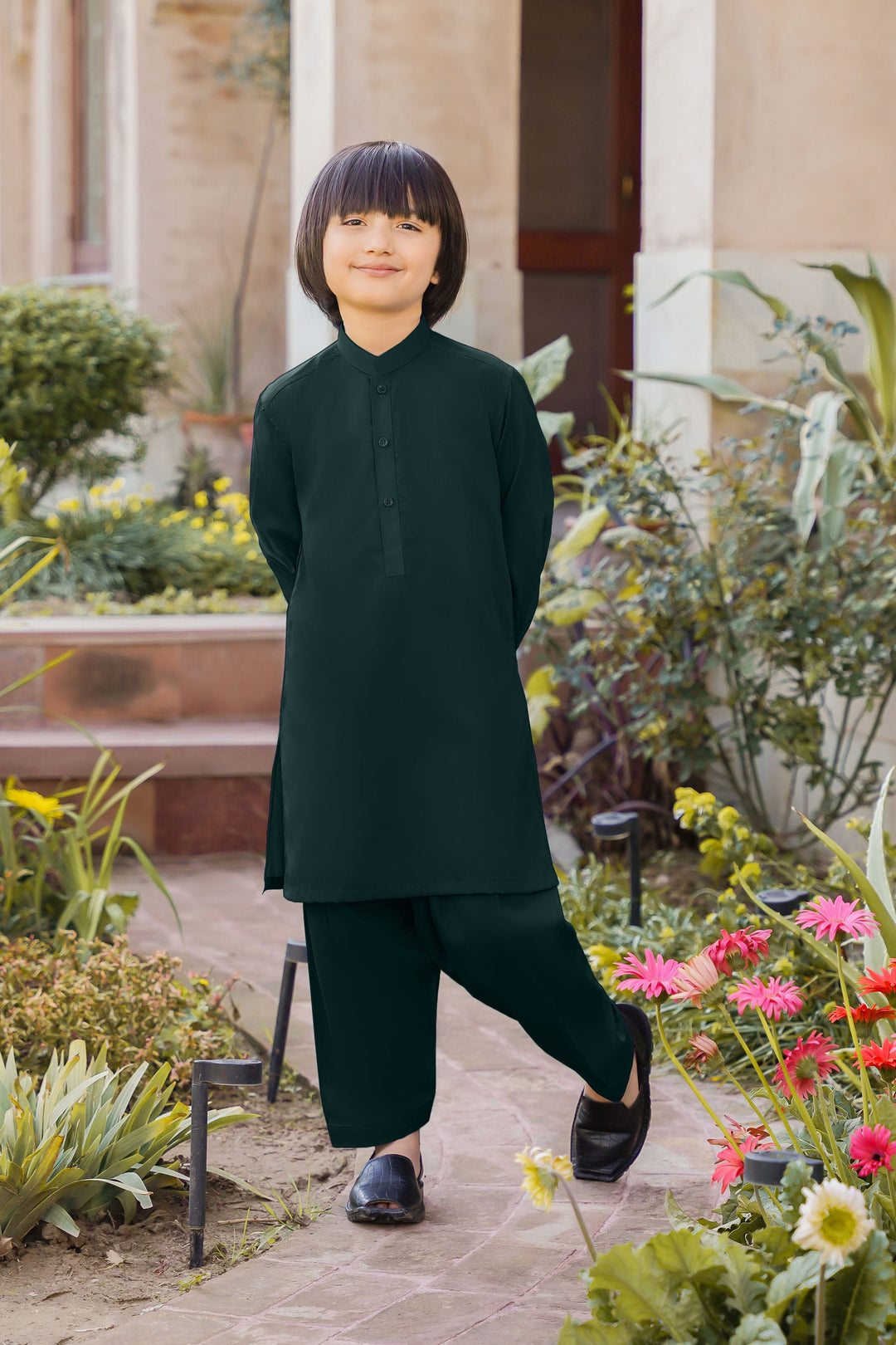 Paasban by Divinely Crafted Solids Blended 2 Piece Shalwar Kameez For Kids Alpine Green - Summer Collection