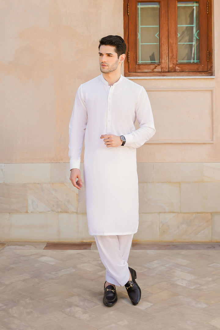 Misaal by Divinely Crafted Solids Shalwar Kameez For Men Vanilla White Blended SK425-0325-VW - Summer Collection