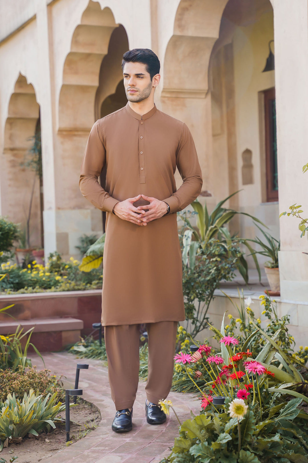 Misaal by Divinely Crafted Solids Shalwar Kameez For Men Coffee Brown Blended SK450-0325-CB - Summer Collection