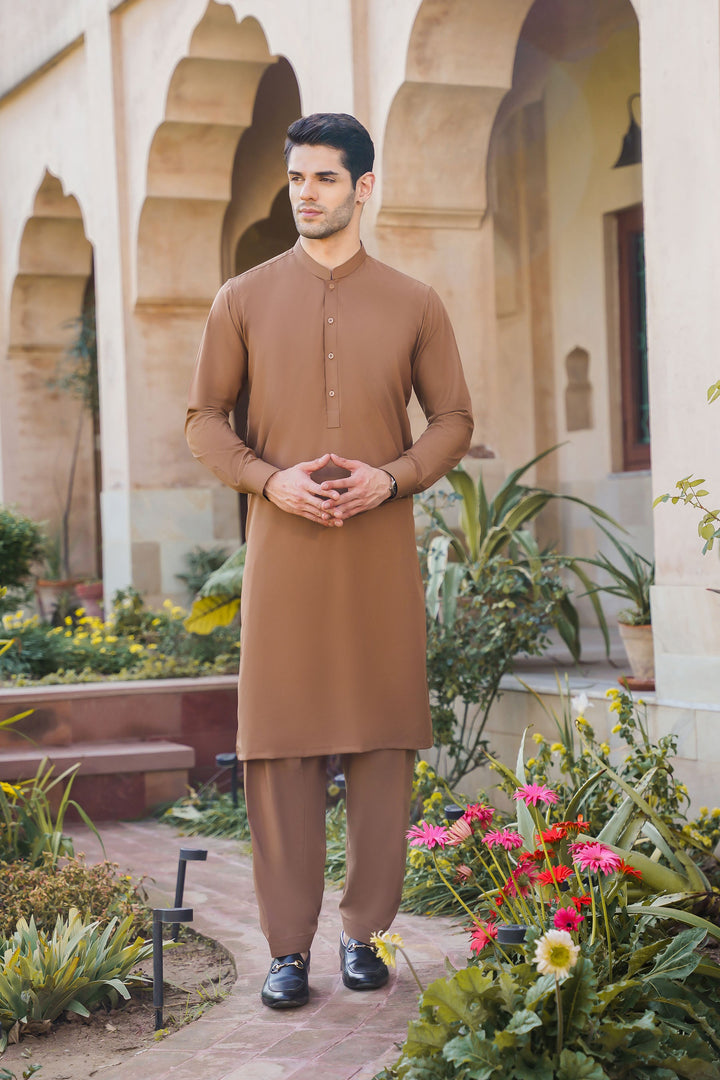Misaal by Divinely Crafted Solids Shalwar Kameez For Men Coffee Brown Blended SK450-0325-CB - Summer Collection