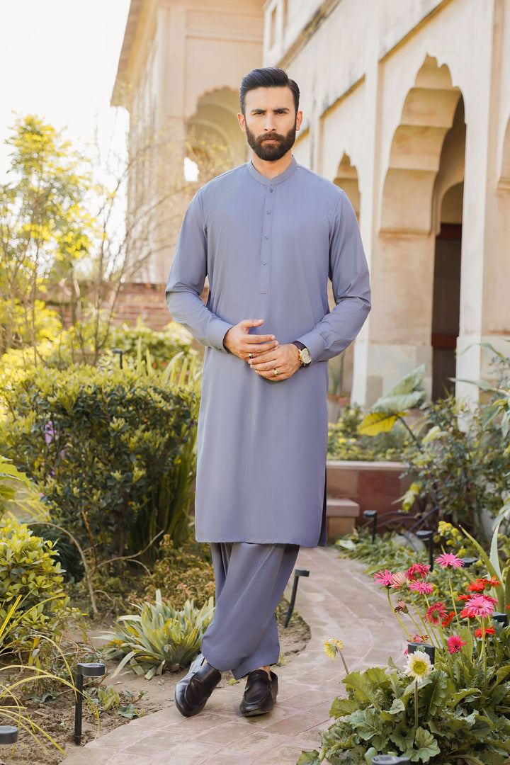 Divinely Crafted Men Ready To Wear Solids Cotton Shalwar Kameez Steel Grey - Summer Collection