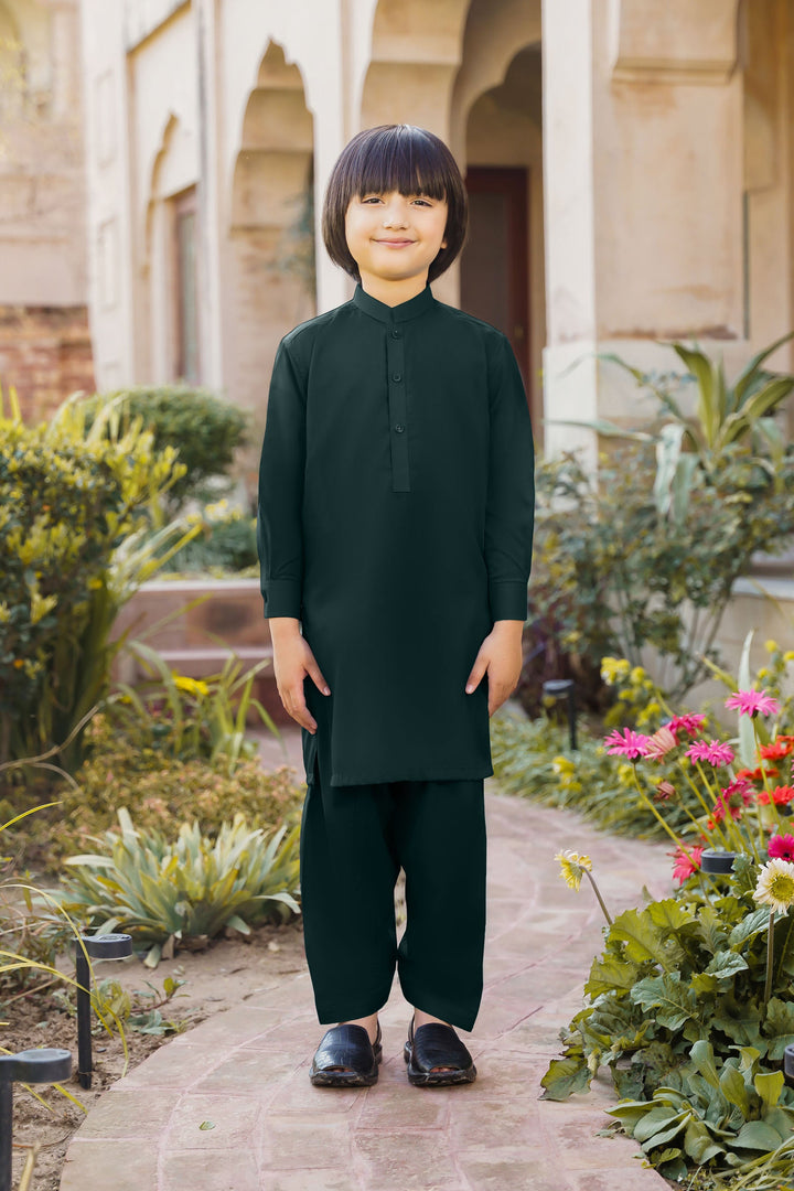 Paasban by Divinely Crafted Solids Blended 2 Piece Shalwar Kameez For Kids Alpine Green - Summer Collection