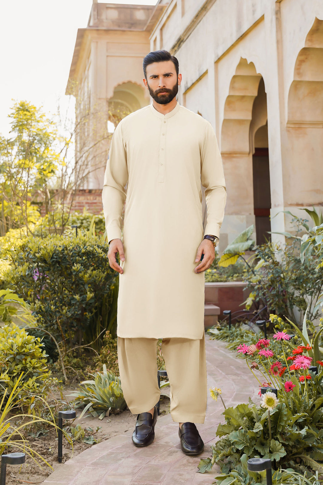 Misaal by Divinely Crafted Solids Shalwar Kameez For Men Creamy White Blended SK350-0325-CW - Summer Collection
