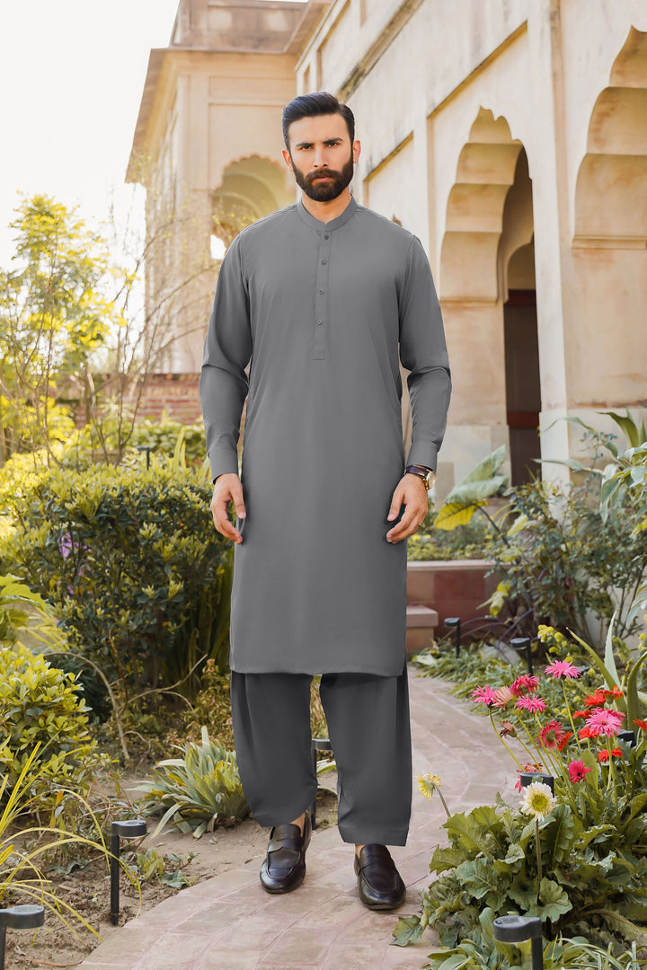 Divinely Crafted Men Ready To Wear Solids Cotton Shalwar Kameez Urban Grey - Summer Collection