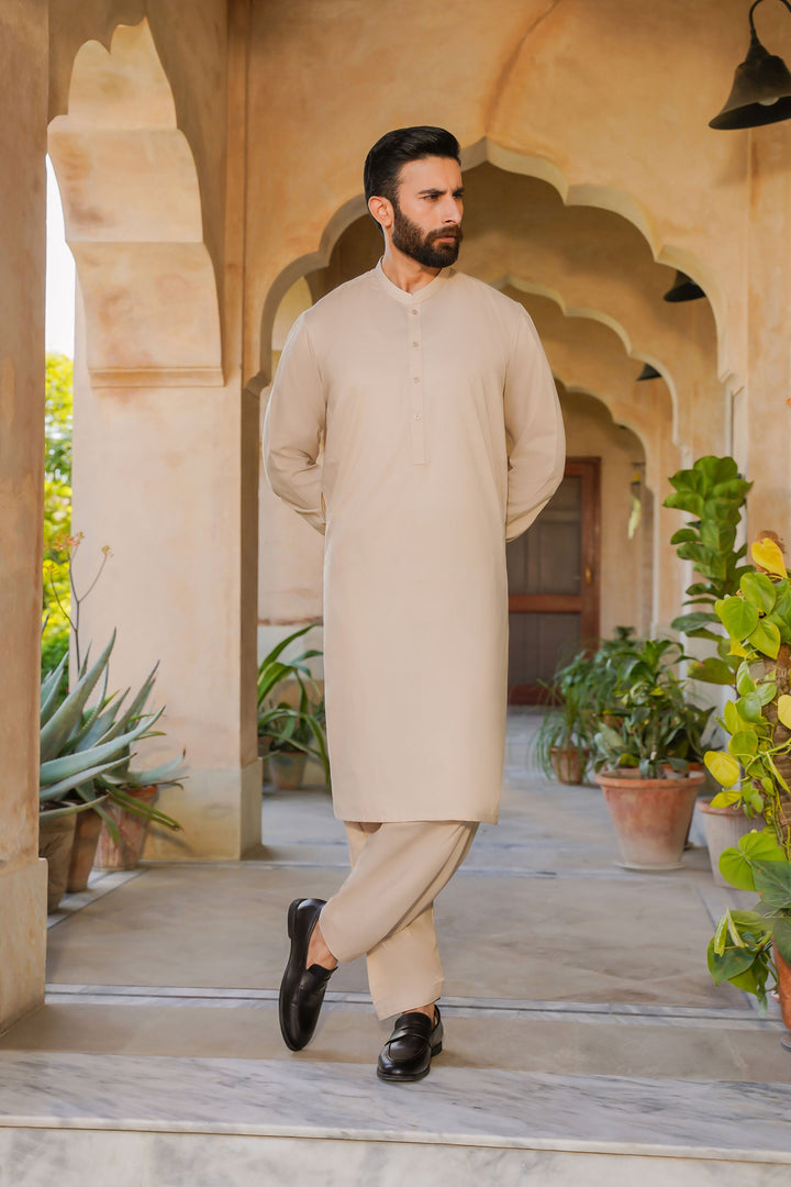 Misaal by Divinely Crafted Solids Shalwar Kameez For Men Taupe Brown Blended SK475-0325-TB - Summer Collection